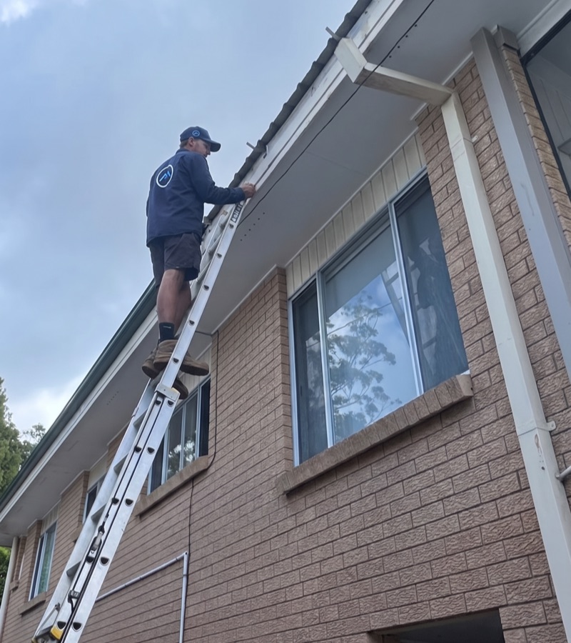 Roofer assessing flashing and fascia damage on a two-storey home